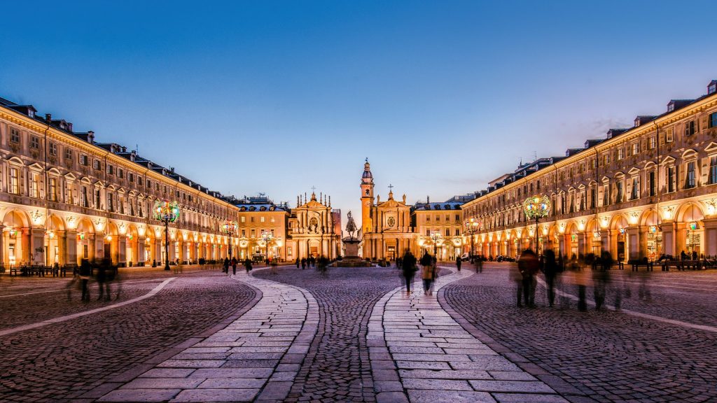 Main View of empty San Carlo Square and Twin Churches at Night, Torino, Italy